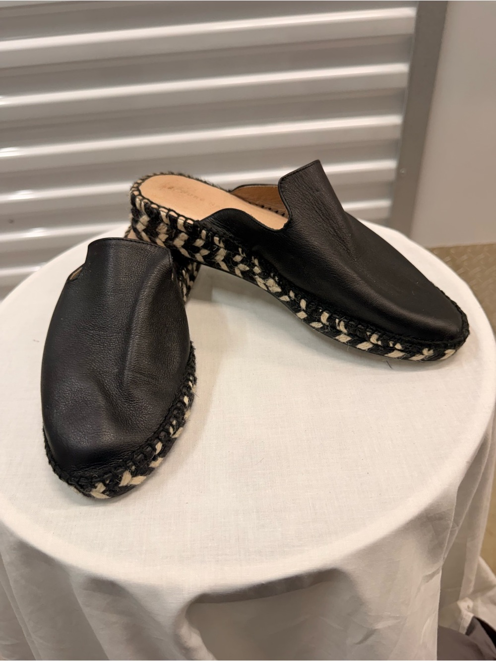 Black Leather Espadrille-Style Slip-On Mules